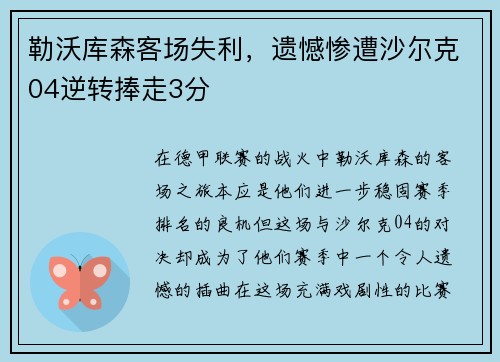 勒沃库森客场失利，遗憾惨遭沙尔克04逆转捧走3分