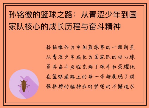 孙铭徽的篮球之路：从青涩少年到国家队核心的成长历程与奋斗精神