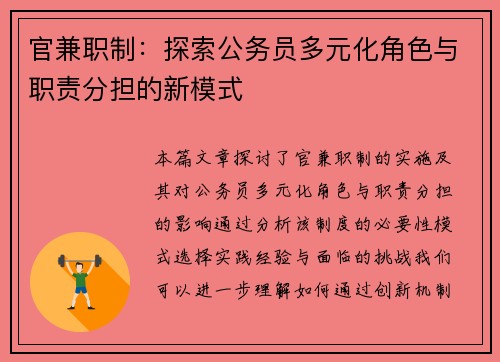 官兼职制：探索公务员多元化角色与职责分担的新模式