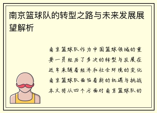 南京篮球队的转型之路与未来发展展望解析