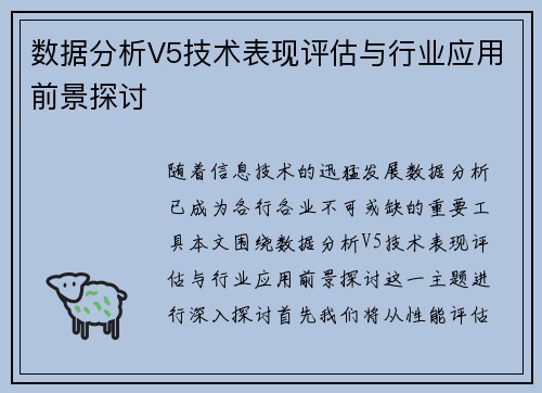 数据分析V5技术表现评估与行业应用前景探讨