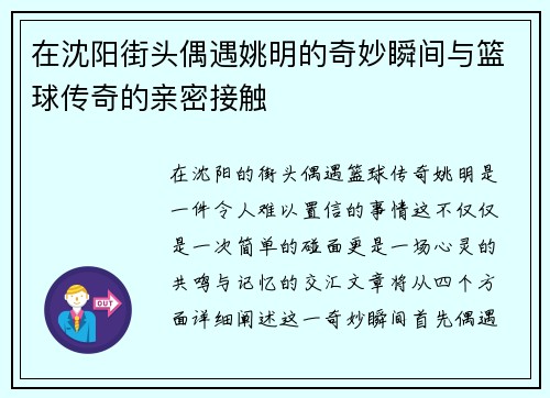 在沈阳街头偶遇姚明的奇妙瞬间与篮球传奇的亲密接触