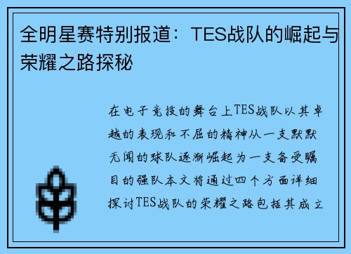 全明星赛特别报道：TES战队的崛起与荣耀之路探秘
