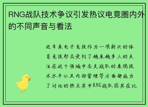 RNG战队技术争议引发热议电竞圈内外的不同声音与看法