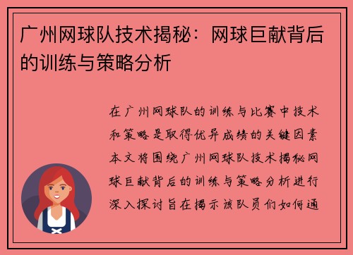 广州网球队技术揭秘：网球巨献背后的训练与策略分析