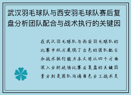 武汉羽毛球队与西安羽毛球队赛后复盘分析团队配合与战术执行的关键因素 - 副本