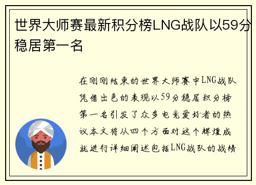 世界大师赛最新积分榜LNG战队以59分稳居第一名