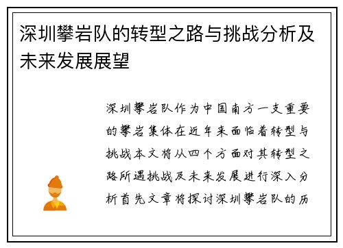 深圳攀岩队的转型之路与挑战分析及未来发展展望